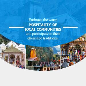 Image of Kedarnath Temple with text promoting local hospitality and traditions.