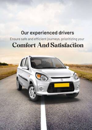 Silver Maruti Alto car on a highway with text promoting safe and comfortable journeys.