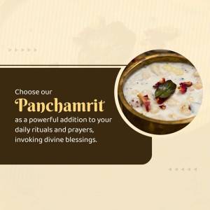 Close-up of Panchamrit in a golden bowl with text promoting it as a divine offering.