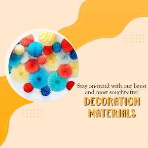 Close-up of colorful yarn balls and decorative flowers on a white surface with text promoting decoration materials.
