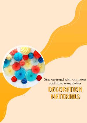 A circular arrangement of colorful pom-poms and flower-shaped decorations with text promoting decoration materials.