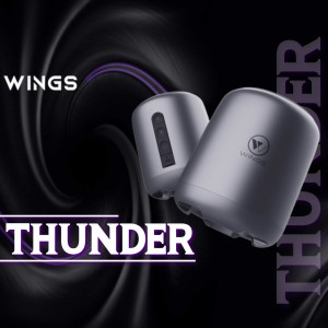 Close-up of Wings Thunder wireless earbuds in a dark, dynamic background.