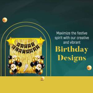 Gold and black birthday decorations with balloons and banner