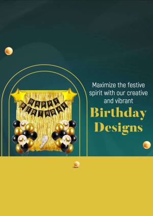 Gold and black birthday decorations with balloons and a banner.