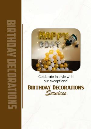 Birthday decorations with gold balloons, champagne bottle, and cake