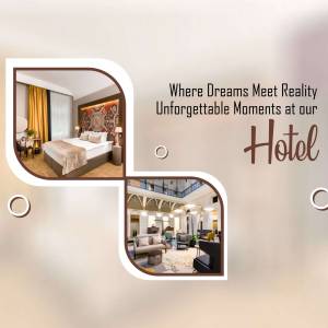 Hotel room and lobby interior with promotional text