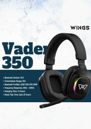 Black over-ear headphones with RGB lighting and product specifications