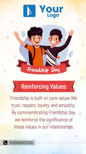 Illustration of two friends celebrating Friendship Day with text about core values.