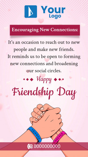 Friendship Day graphic with hands shaking and text encouraging new connections.