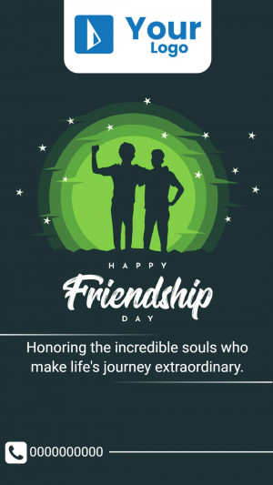 Friendship Day greeting with silhouettes of two people and a green circular background.