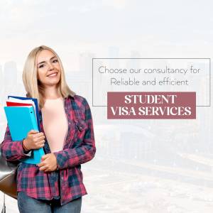 Woman holding folders with text promoting student visa services