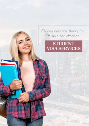 Young woman holding folders with text 'Student Visa Services' in the background.