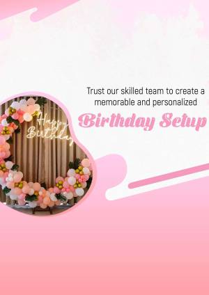 Pink and peach balloon garland birthday setup with text 'Happy Birthday'
