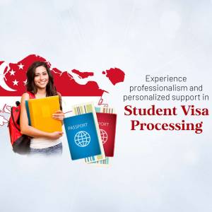 Young woman with student documents and a Singapore map in the background, promoting student visa services.