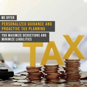 Image depicting tax guidance and planning with stacked coins and the word 'TAX'