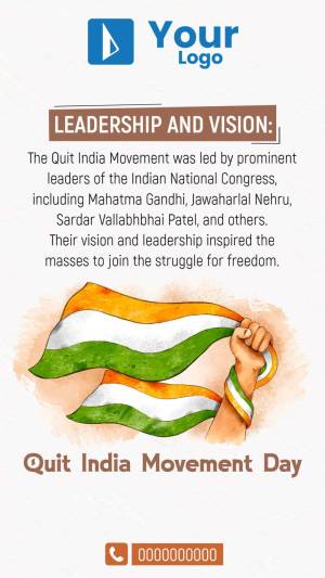 Image depicting the Quit India Movement with the Indian flag and text about leadership and vision.