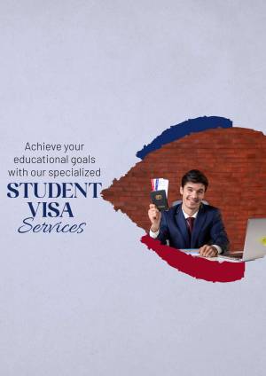 A young man holding a passport with text promoting student visa services.