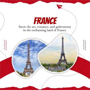 Image of the Eiffel Tower and French flag promoting travel to France