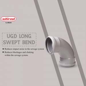 Close-up of an Ashirvad UGD Long Swept Bend pipe fitting.