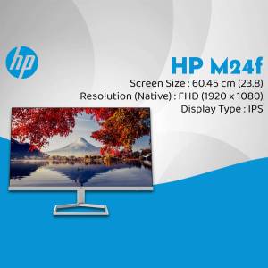 HP M24f monitor displaying a vibrant landscape image.