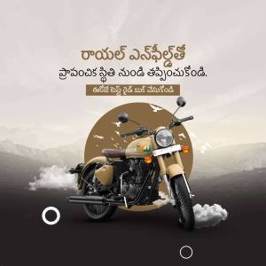 Royal Enfield motorcycle in a scenic landscape with Telugu text.