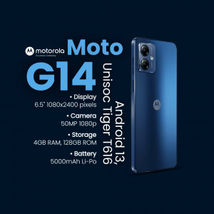 Motorola Moto G14 smartphone with blue gradient back and specifications