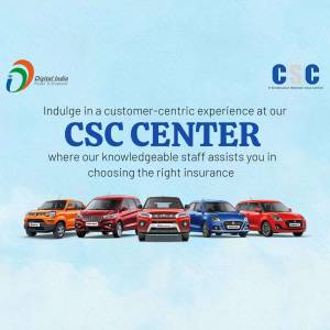CSC Center advertisement with cars and Digital India logo