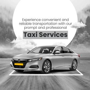 Silver sedan taxi car with mountain background and text promoting taxi services.