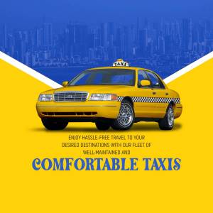 Yellow taxi cab in front of a city skyline with promotional text