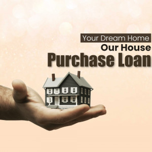 A hand holding a miniature house with text promoting a home purchase loan.