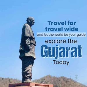 The Statue of Unity in Gujarat, India, with a travel promotion overlay.