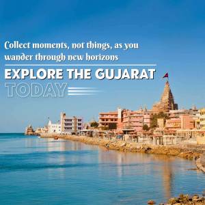 Scenic view of Dwarkadhish Temple in Gujarat, India with a motivational quote.