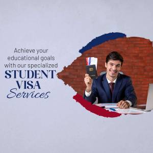 A young man in a suit holding a passport with text promoting student visa services.