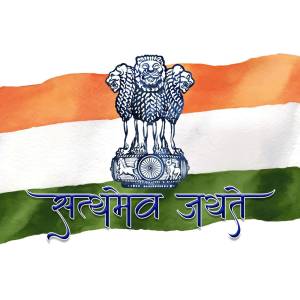 Watercolor painting of the National Emblem of India superimposed on the Indian flag.