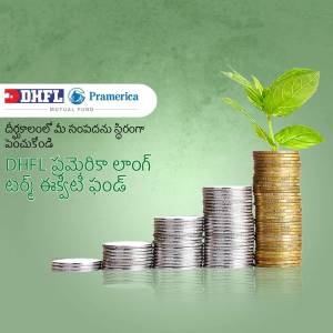 Image depicting financial growth with coins stacked like steps and a plant growing from the top, promoting DHFL Pramerica Mutual Fund.