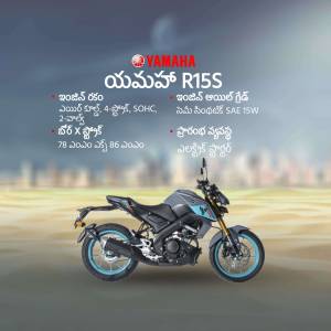 Yamaha R15S motorcycle in grey color with specifications in Telugu