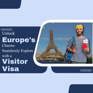 Man with backpack and passport in front of the Eiffel Tower promoting visitor visas for Europe.