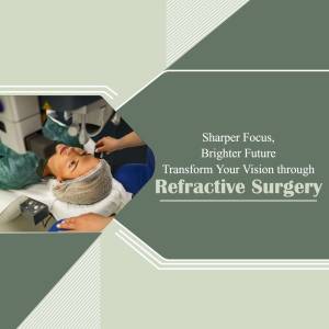 A patient undergoing refractive surgery with text promoting vision correction.
