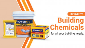 PowerFix building chemicals products including tile adhesive, grout, and waterproofing materials.