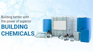 Image of blue industrial chemical containers and bottles with text 'Building better with the power of superior BUILDING CHEMICALS'