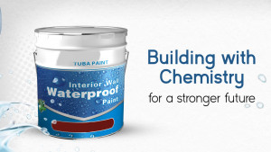 A can of Tuba Paint Waterproof Interior Paint with water droplets and text 'Building with Chemistry'