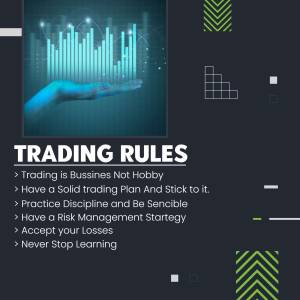 Image depicting a hand holding a graph with text outlining trading rules.