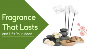 Incense sticks, stones, flowers, and a holder representing fragrance and mood lifting