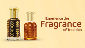 Two ornate perfume bottles with golden accents on a beige background