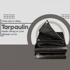 Black tarpaulin cover with grommets, folded and displayed against a gray background.