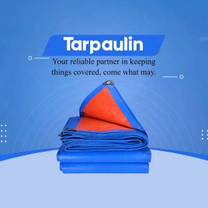 Blue and red tarpaulin folded, advertising durable coverage.