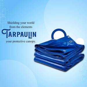 Blue tarpaulin folded and displayed against a gradient blue background with text.