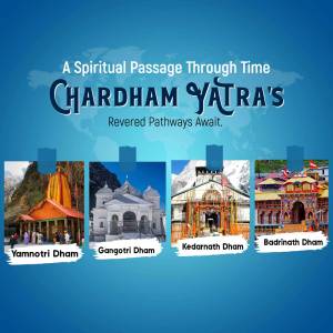 Chardham Yatra poster featuring images of Yamnotri, Gangotri, Kedarnath, and Badrinath Dhams.