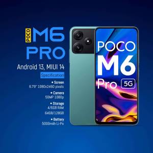 POCO M6 Pro 5G smartphone in green and black colors with specifications