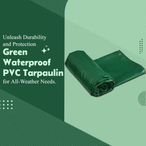 A green PVC tarpaulin rolled up, showcasing its waterproof and durable qualities.